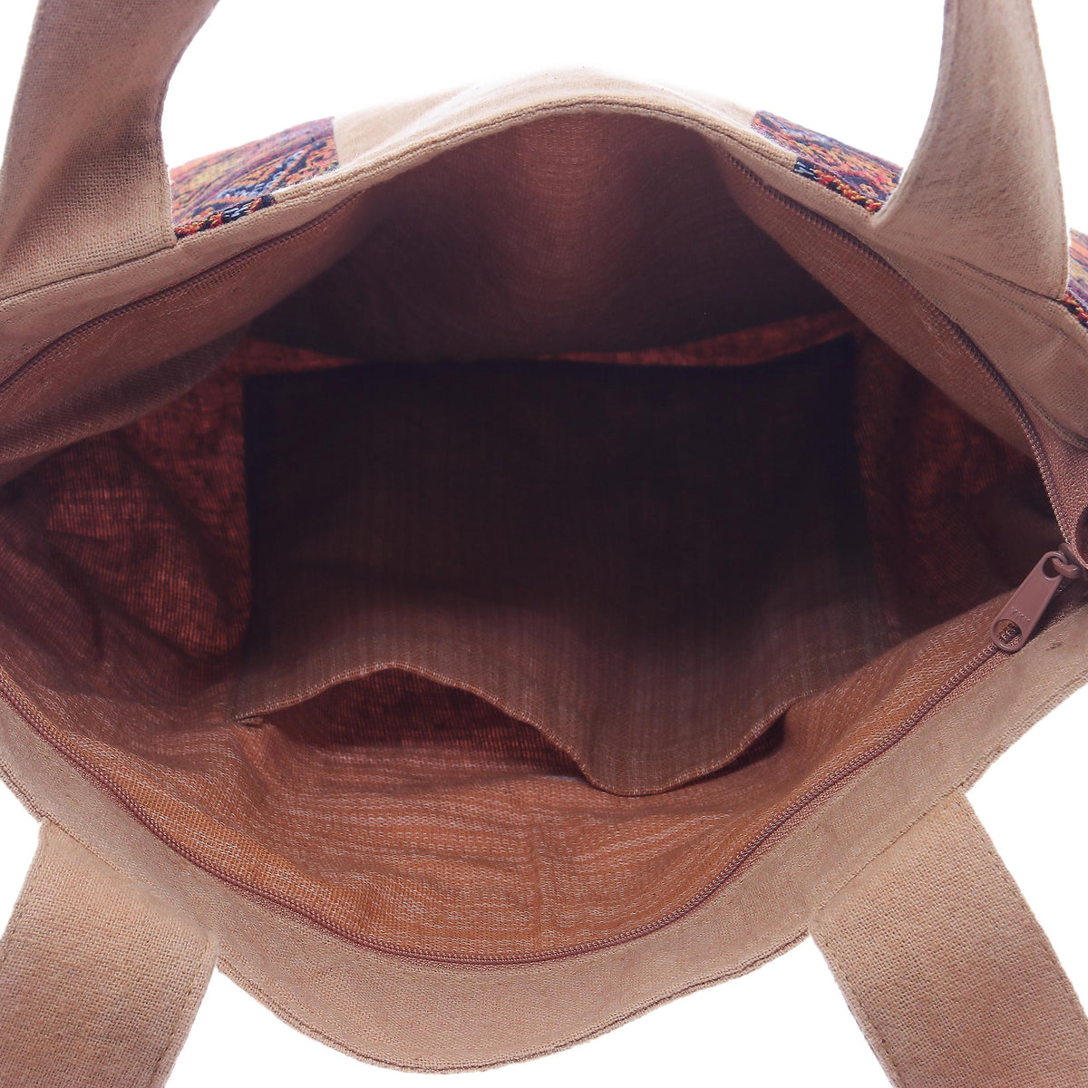 The inner lining of the Geometric Cotton Shoulder Bag in Caramel from Thailand