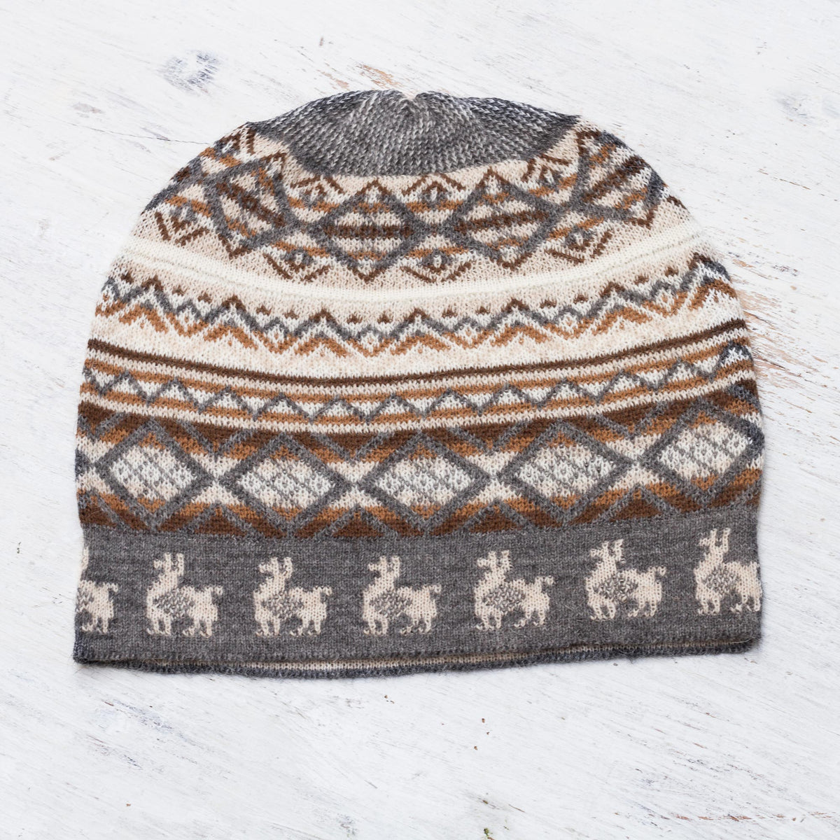 Alpaca Mountain - an Off-White Brown and Grey Diamond Motif Alpaca Blend Knit Hat