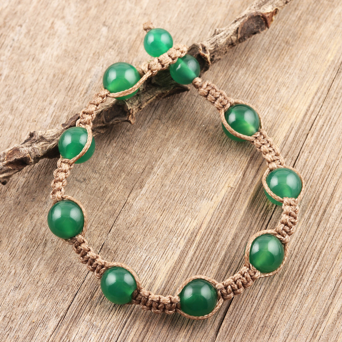 Green Planets - a Hand-Knotted Green Onyx Macrame Bracelet from India