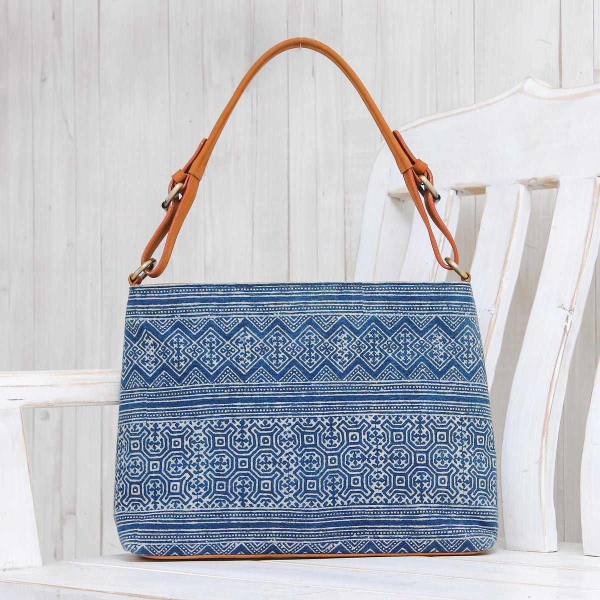 Hmong Hill Tribe Indigo Cotton Batik Handbag with Leather - Hmong Glyphs