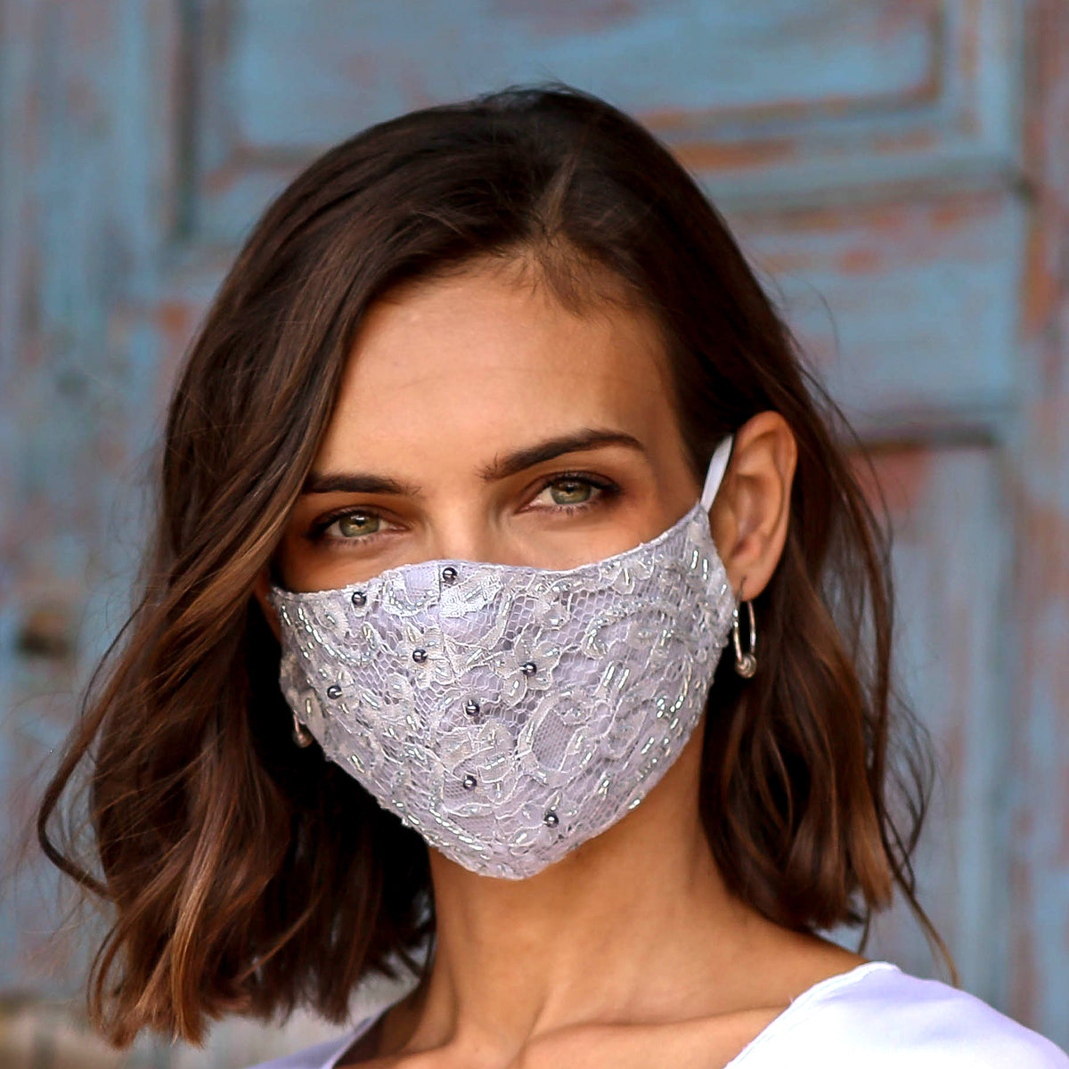 1 Grey-1 White-1 Grey Beaded Lace Balinese Face Masks - Island Fashion