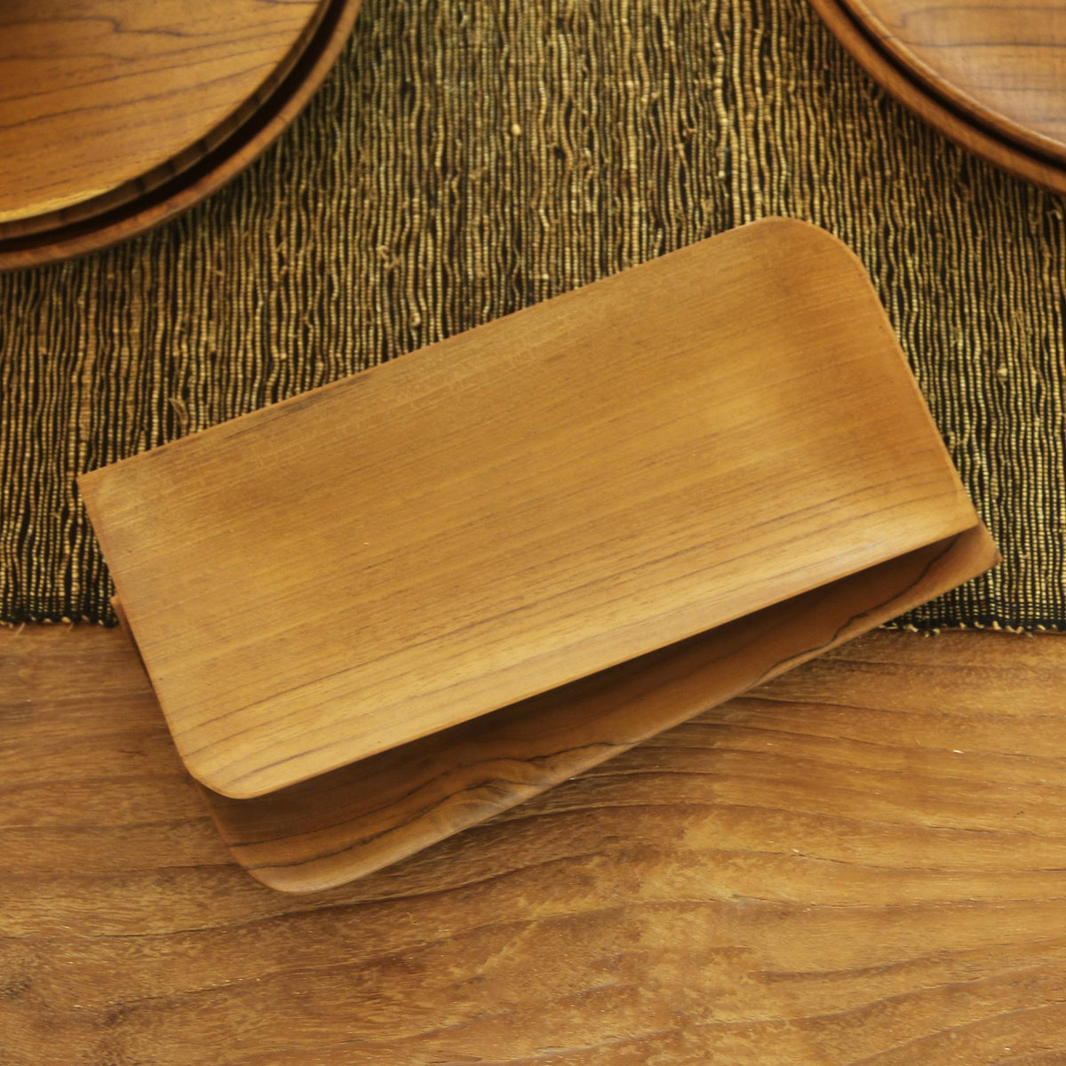 Pair of Handmade Rectangular Teak Wood Sushi Plates
