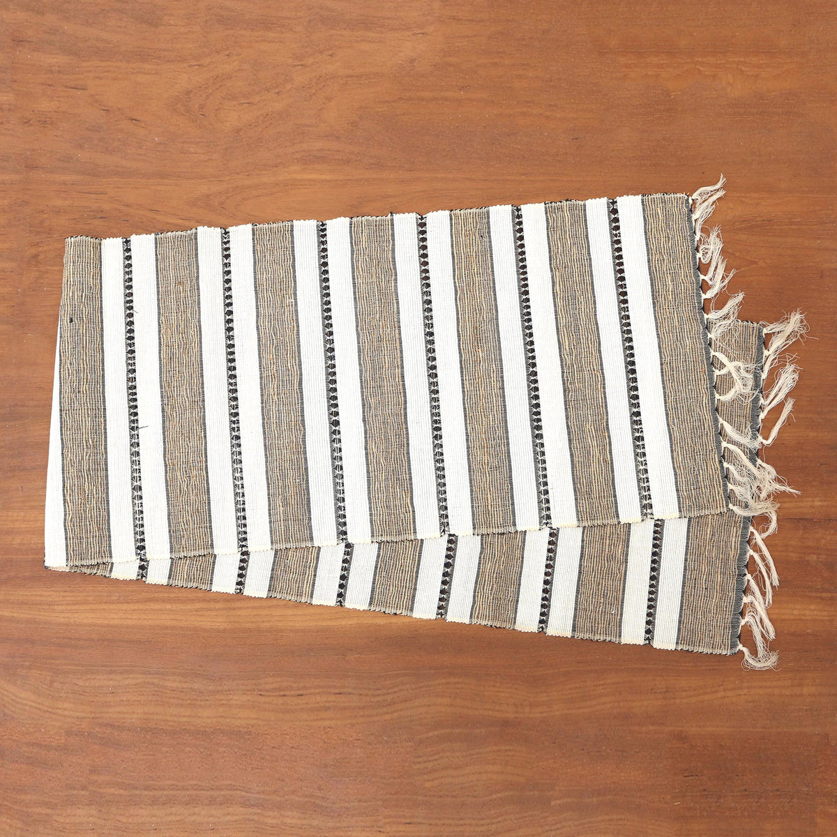 Striped Natural Fiber and Cotton Table Runner in Creamy Mocha