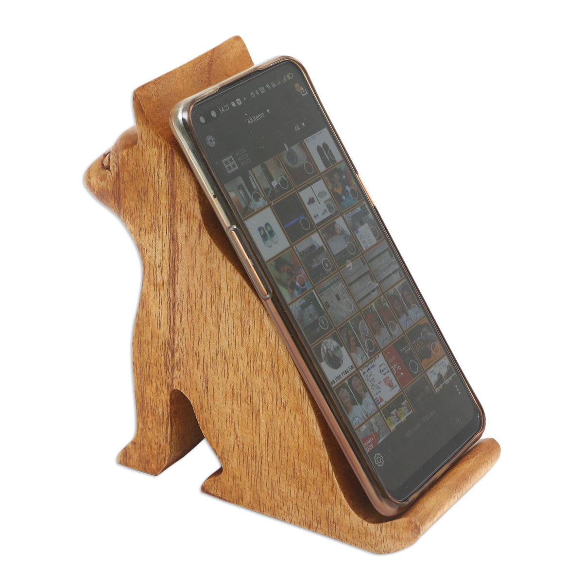 Handcrafted by Indonesian Artisans - Hand Made Jempinis Wood Cat Phone Stand - Dialing Cat