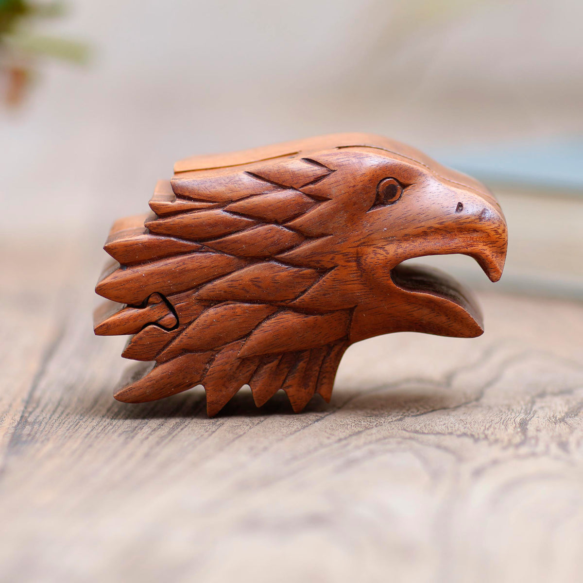 Eagle Feathers - Suar Wood Eagle-Motif Puzzle Box