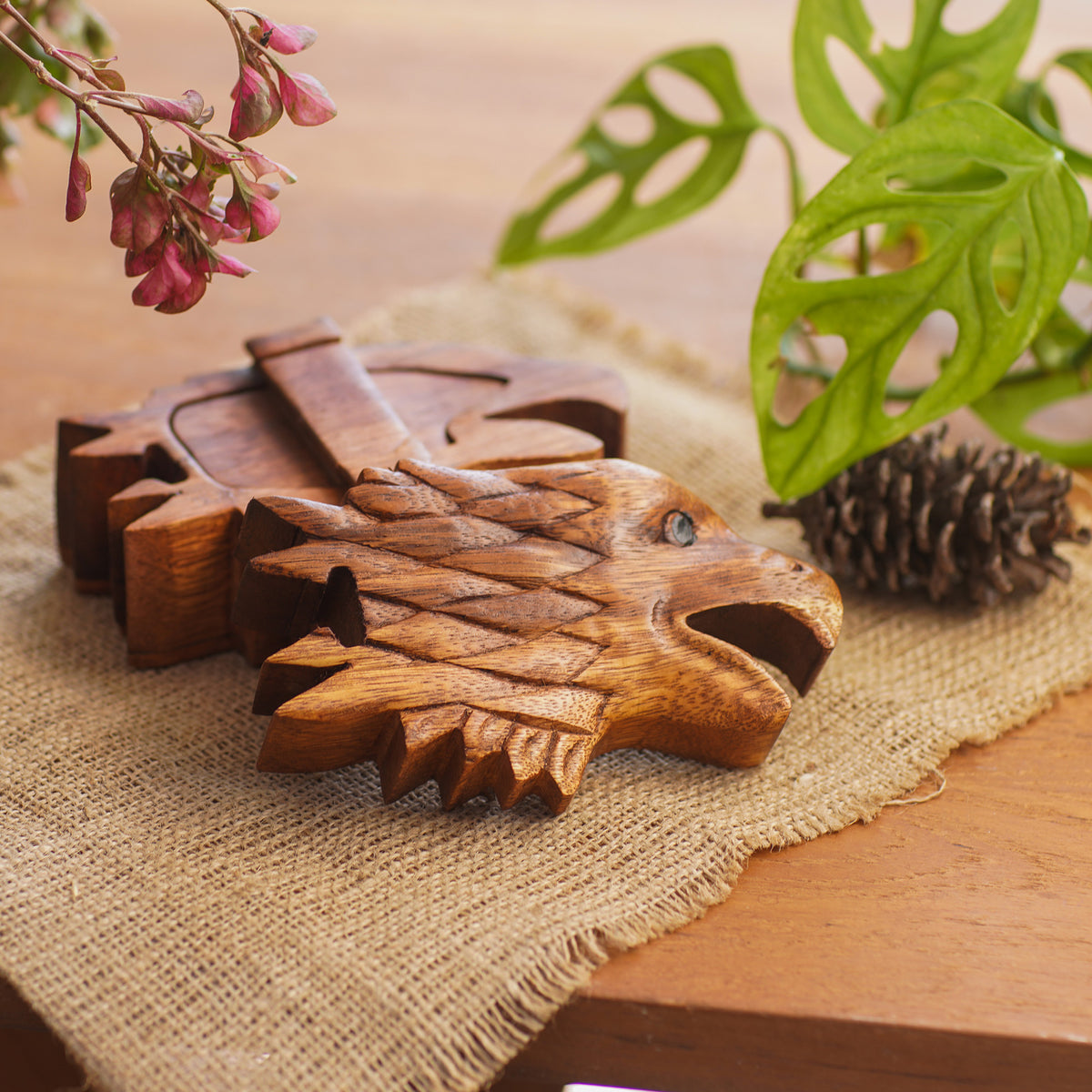 Eagle Feathers - Suar Wood Eagle-Motif Puzzle Box
