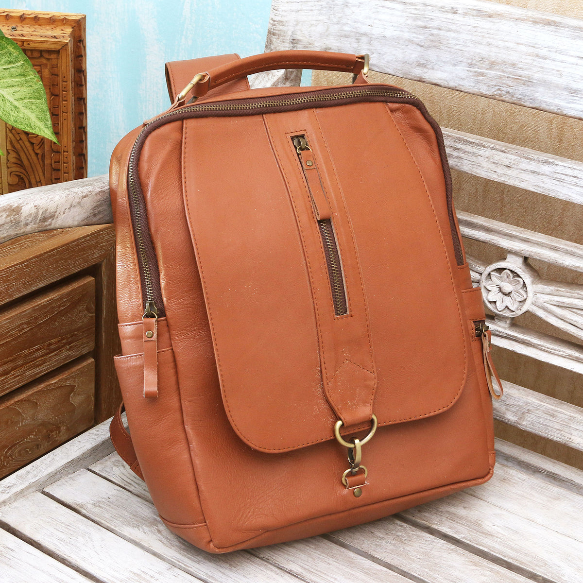 Handcrafted Brown Leather Backpack from Bali - Everywhere