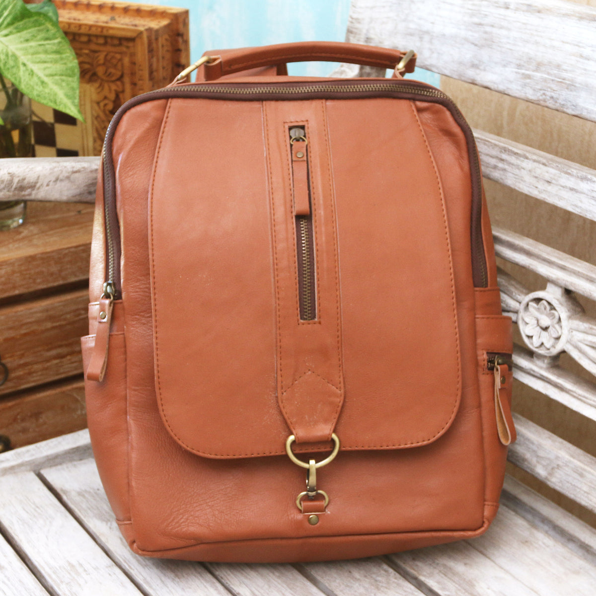 Handcrafted Brown Leather Backpack from Bali - Everywhere