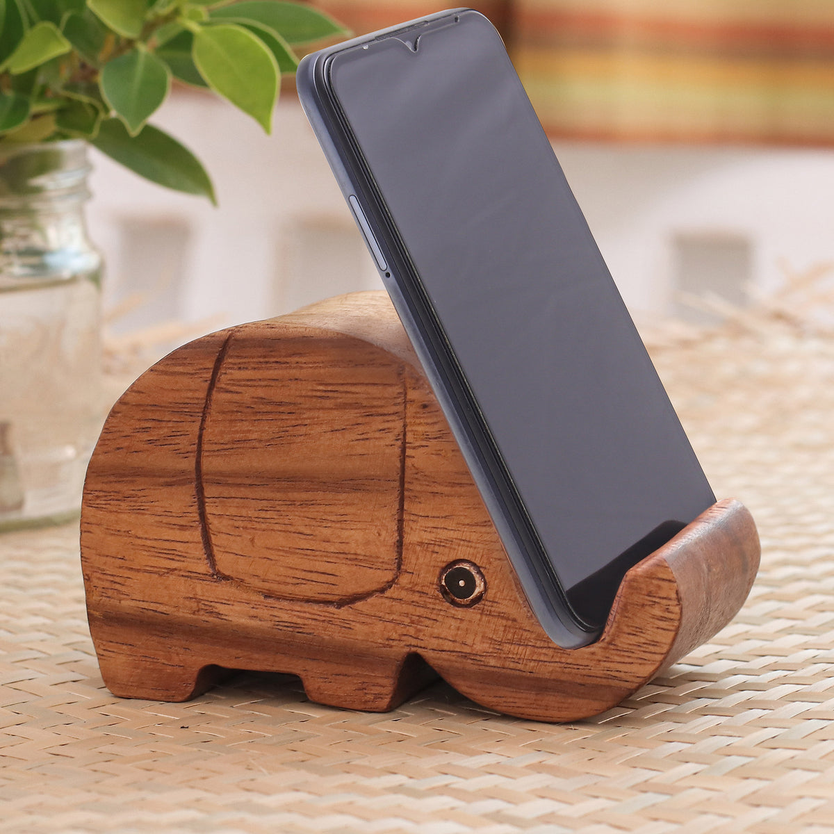 Pretty Elephant - a Hand-Carved Wood Phone Holder