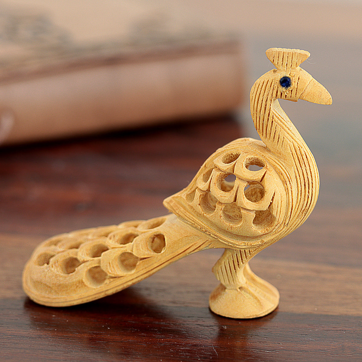 Opulent Peacock - a Hand Carved Natural Kadam Wood Sculpture from India