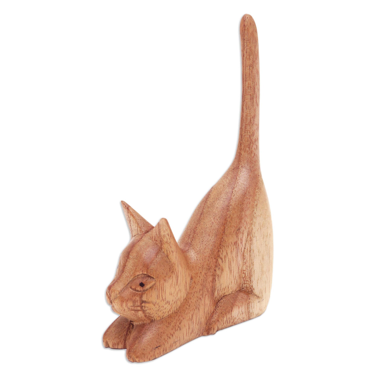 Balinese Hand-Carved Jempinis Wood Sculpture of Brown Cat