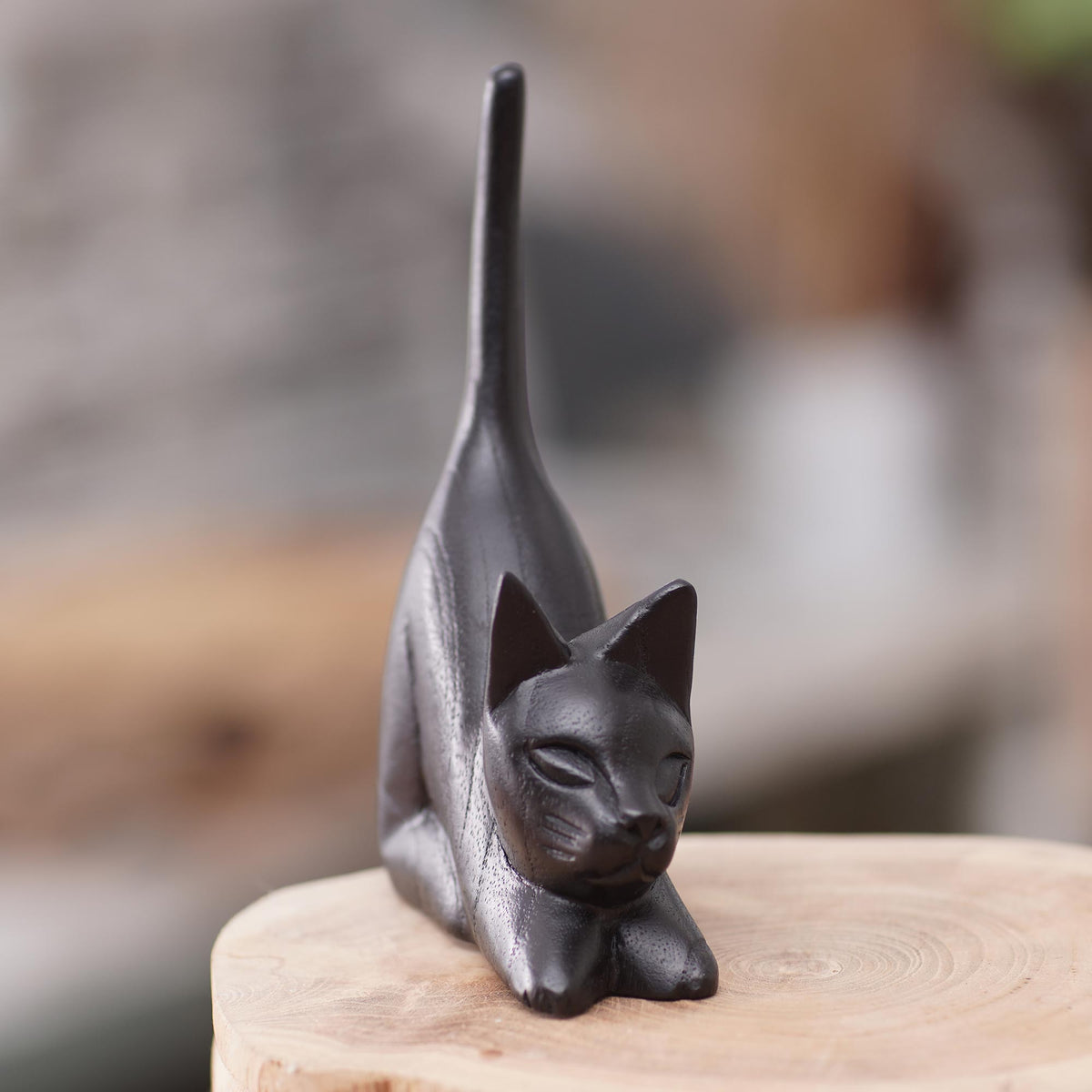Stretching Black Kitten - a Balinese Hand-Carved Jempinis Wood Sculpture of Black Cat