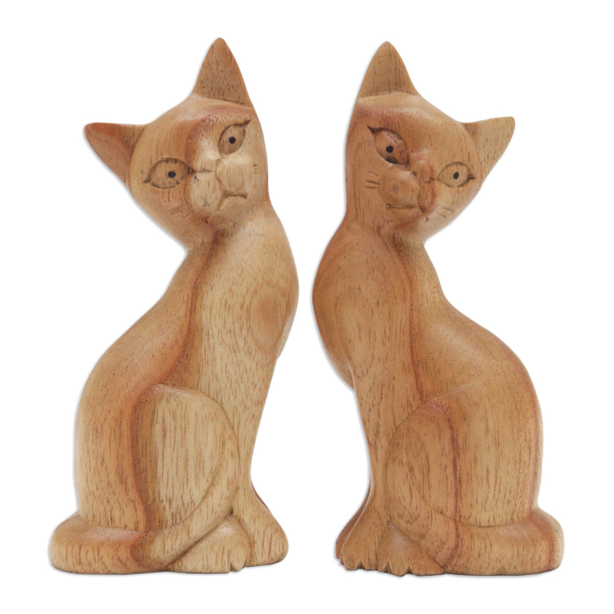 Feline Twins - a Pair of Jempinis Wood Cat Sculptures in Natural Brown