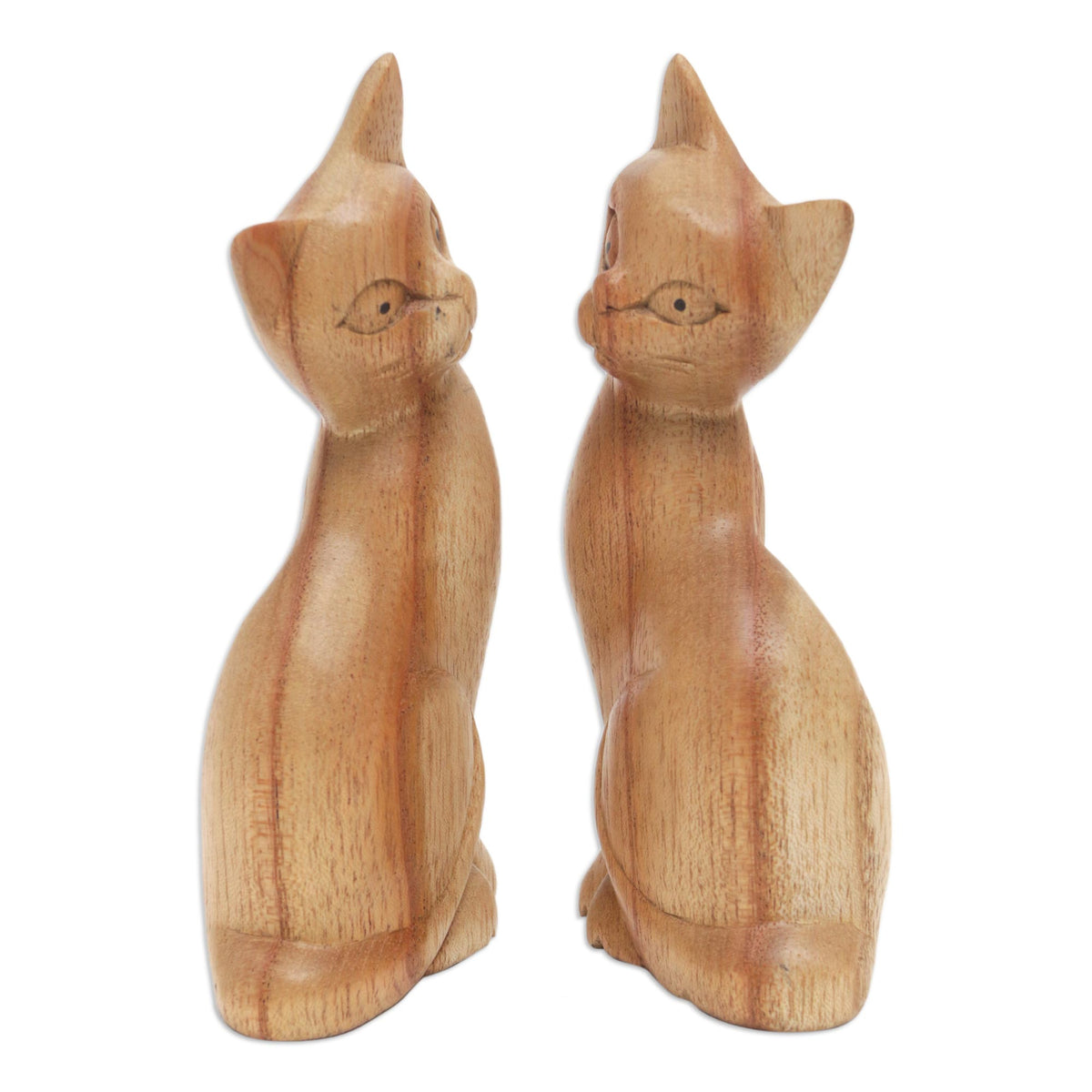 Feline Twins - a Pair of Jempinis Wood Cat Sculptures in Natural Brown