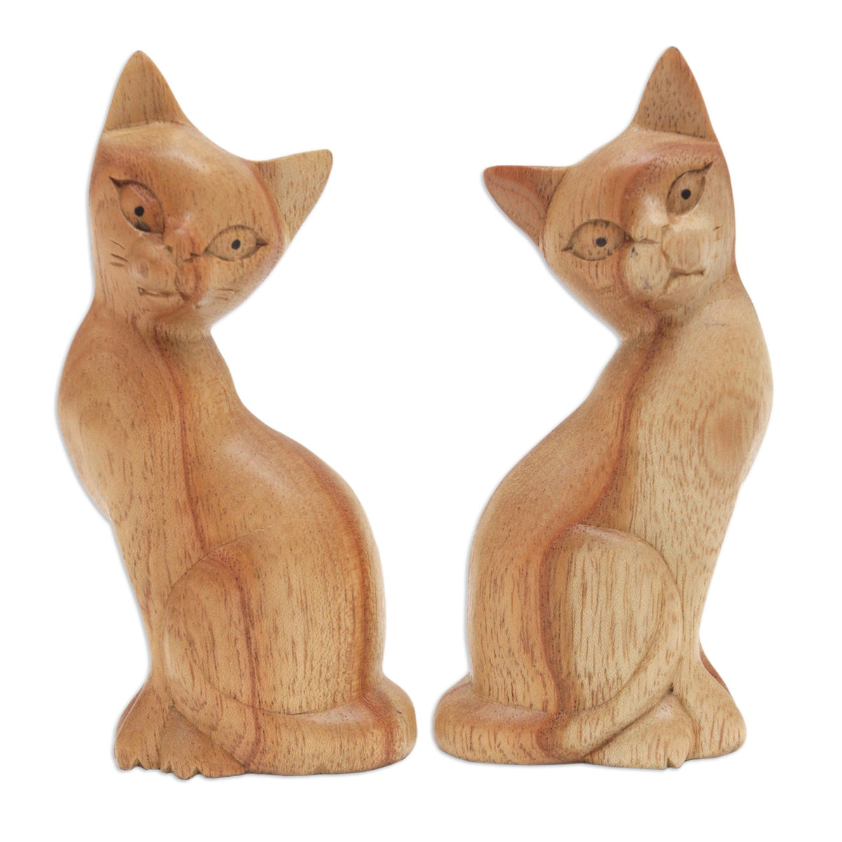 Feline Twins - a Pair of Jempinis Wood Cat Sculptures in Natural Brown