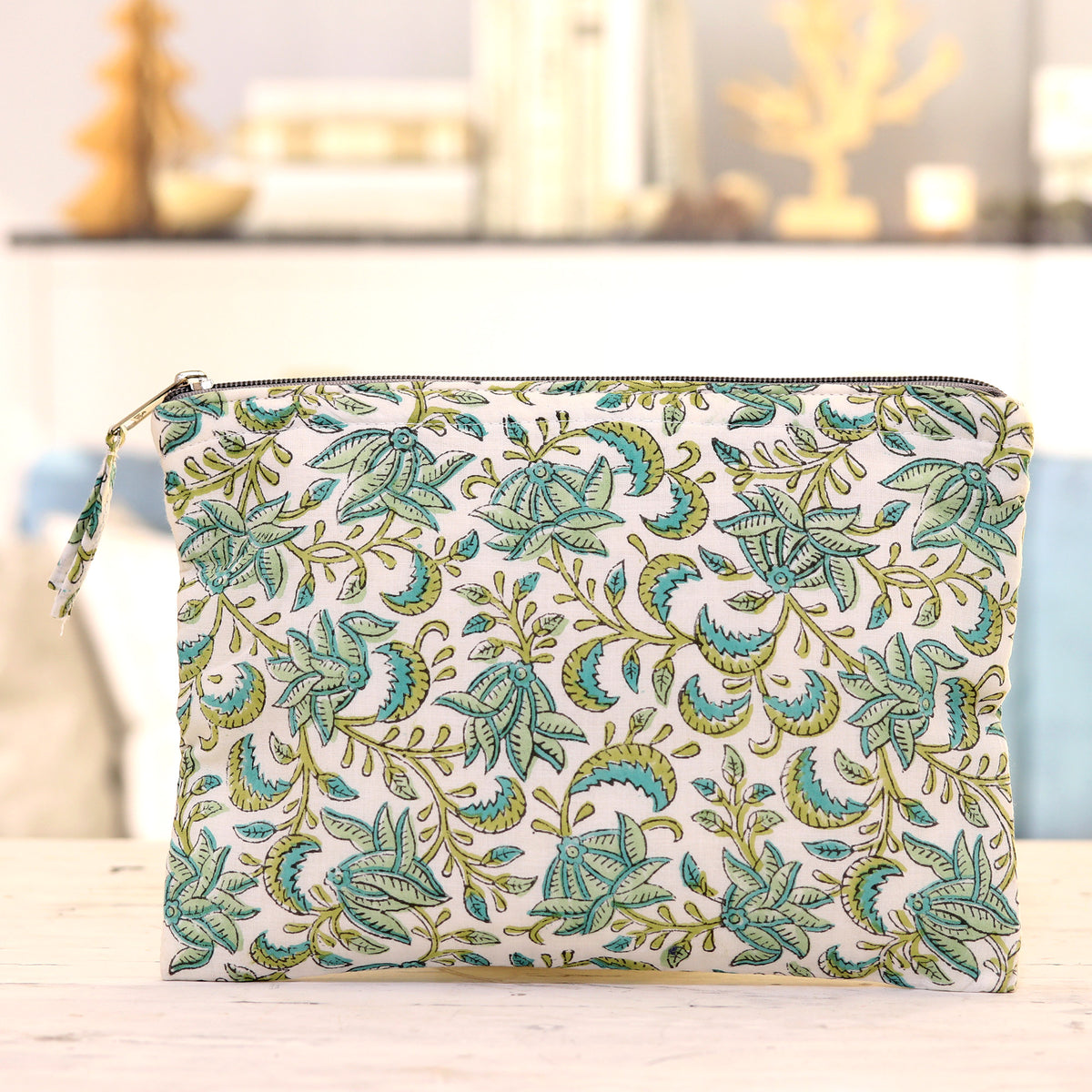 Leafy Friends - a Cotton Cosmetic Bag with Hand-Block Printed Leafs & Flowers