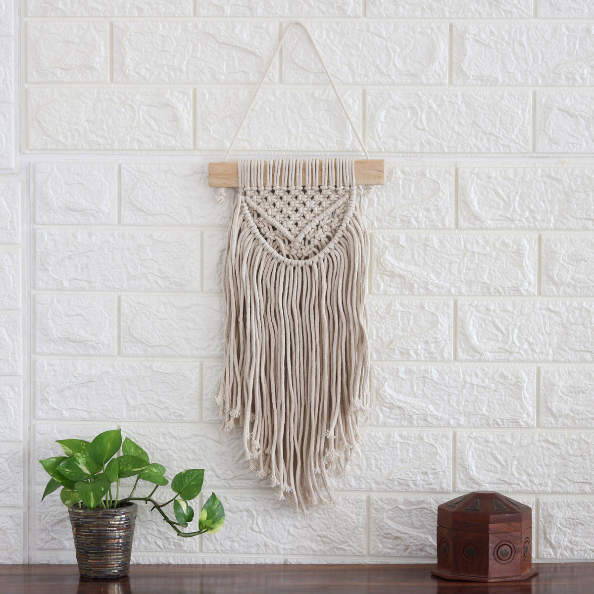Bohemian Waterfall - a Handcrafted Ivory Cotton Wall Hanging with Pine Wood Rod