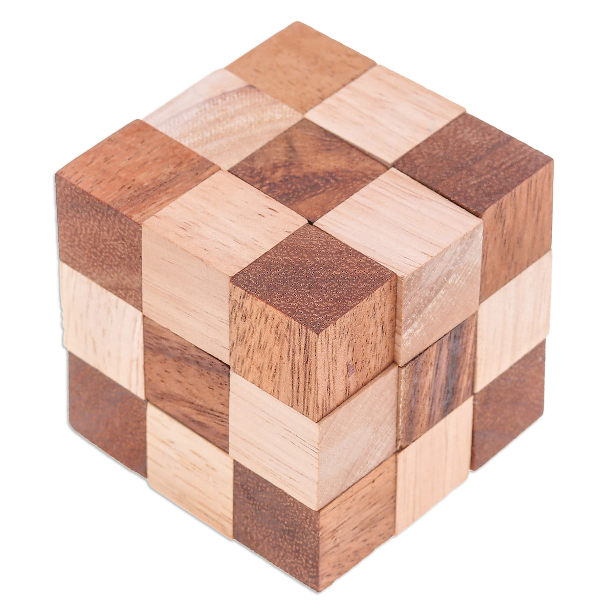 Brown Raintree and Rubberwood Snake Cube, 'Logic Squares'