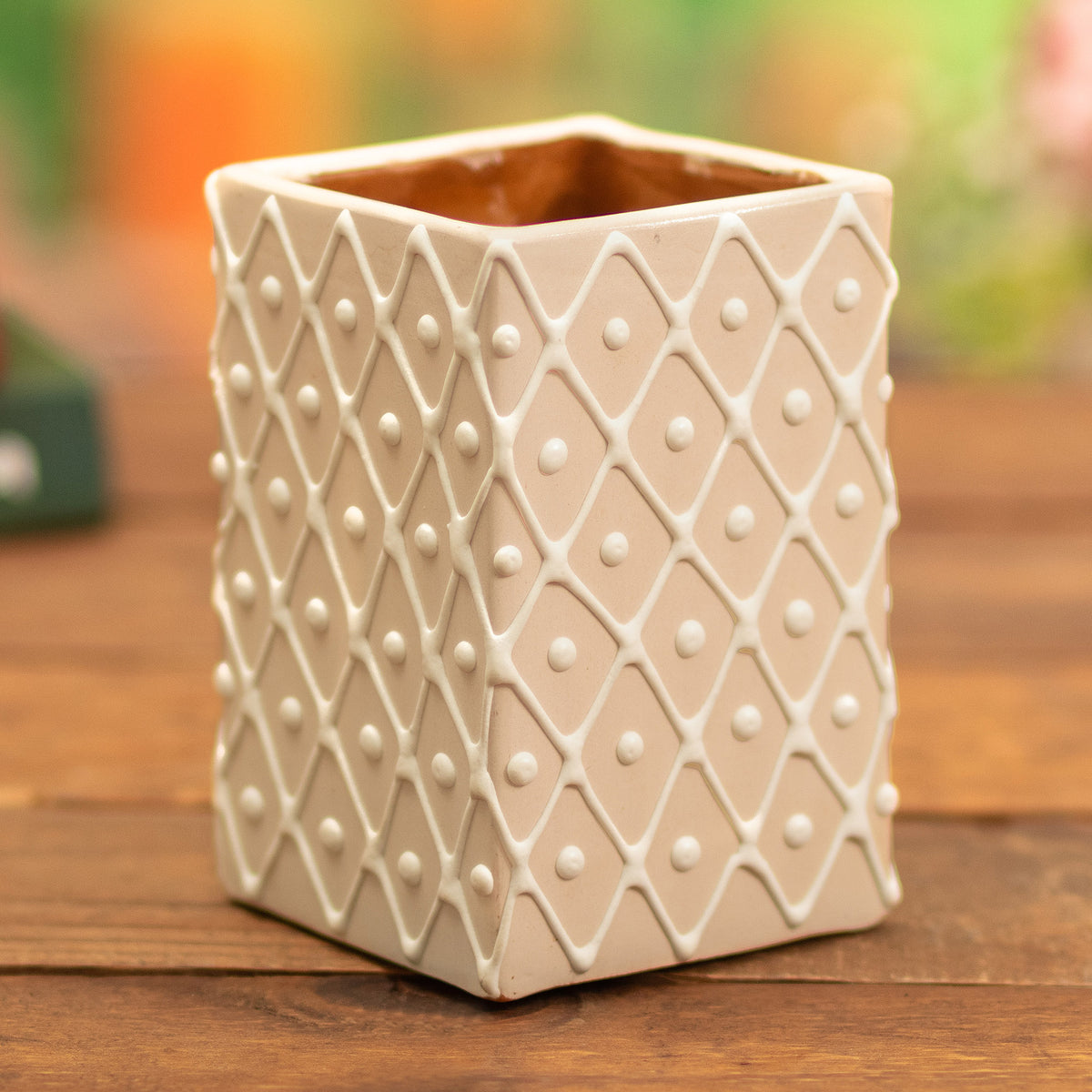 Oneiric Vibes - Beige and White Ceramic Flower Pot with Diamond Pattern