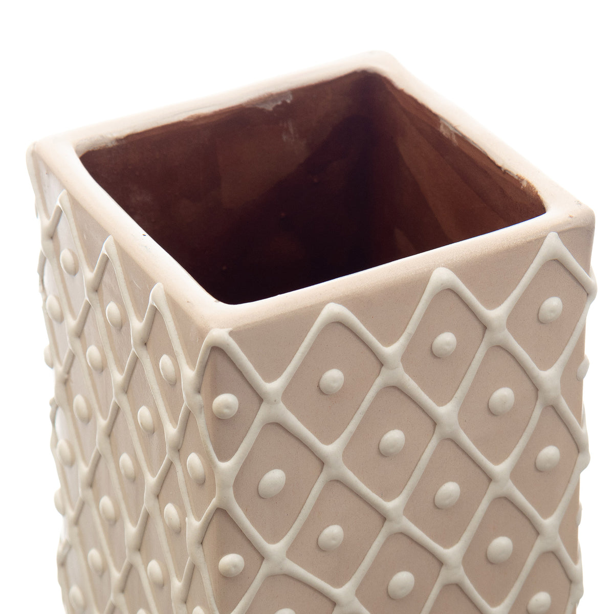 Oneiric Vibes - Beige and White Ceramic Flower Pot with Diamond Pattern