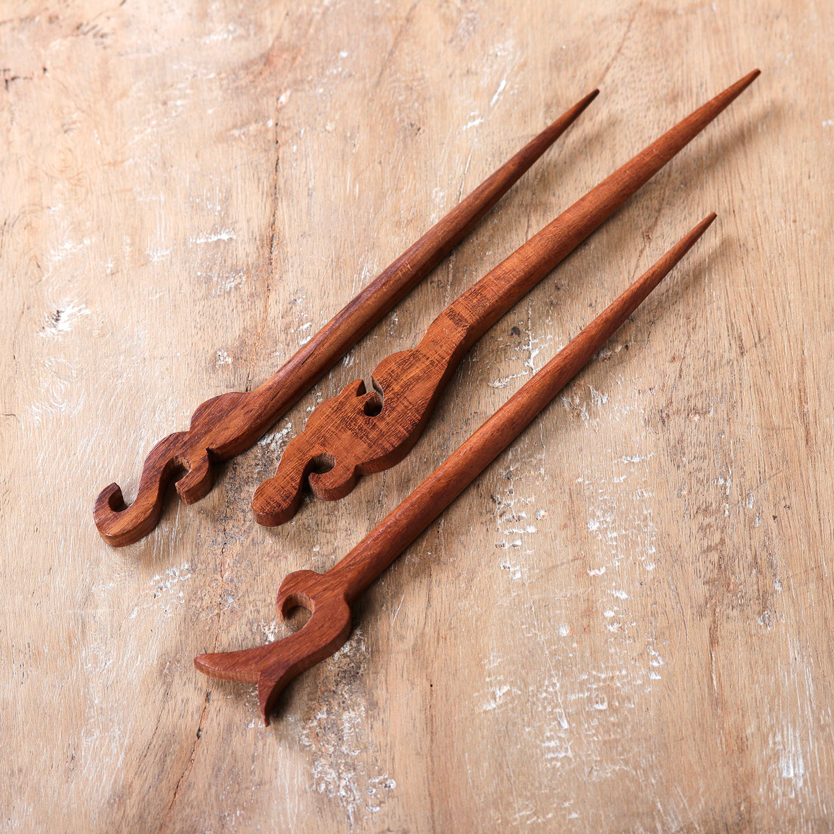 Palatial Grace - a Set of 3 Hand-Carved Natural Brown Mango Wood Hairpins