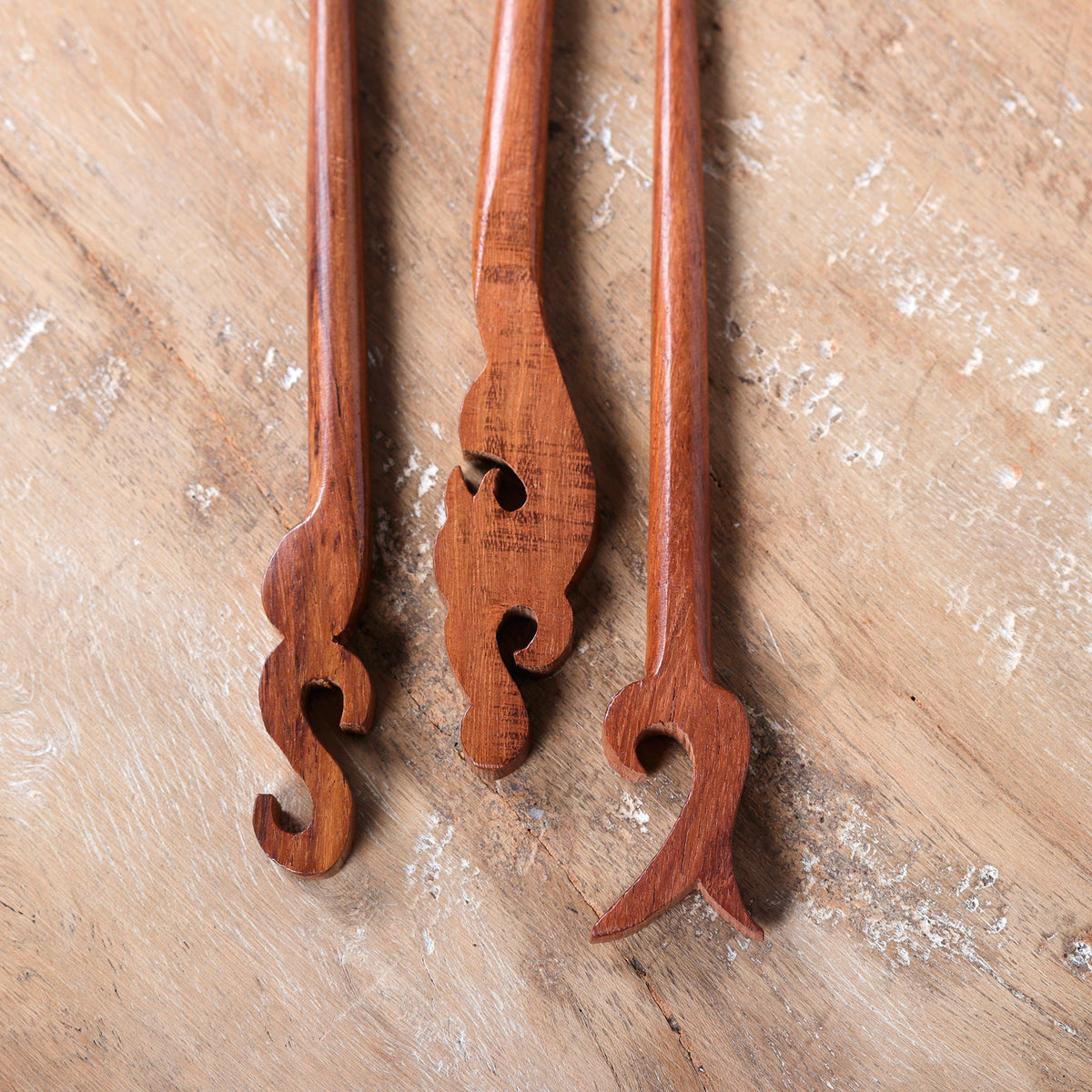 Palatial Grace - a Set of 3 Hand-Carved Natural Brown Mango Wood Hairpins