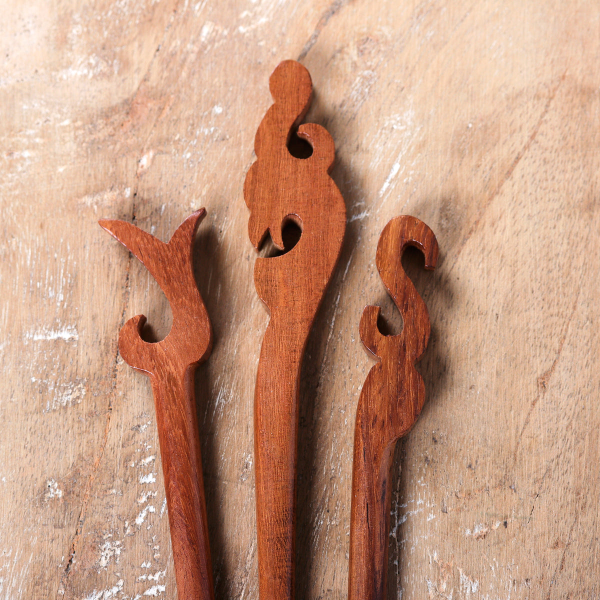 Palatial Grace - a Set of 3 Hand-Carved Natural Brown Mango Wood Hairpins