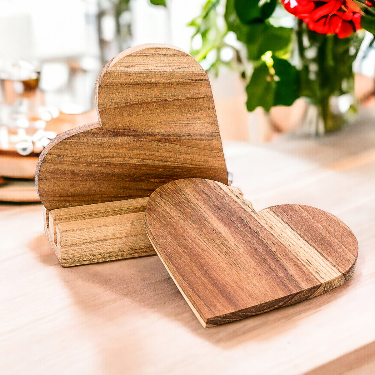 Love Elixir - a 3-Piece Set of Heart-Shaped Teak Wood Coasters with Base
