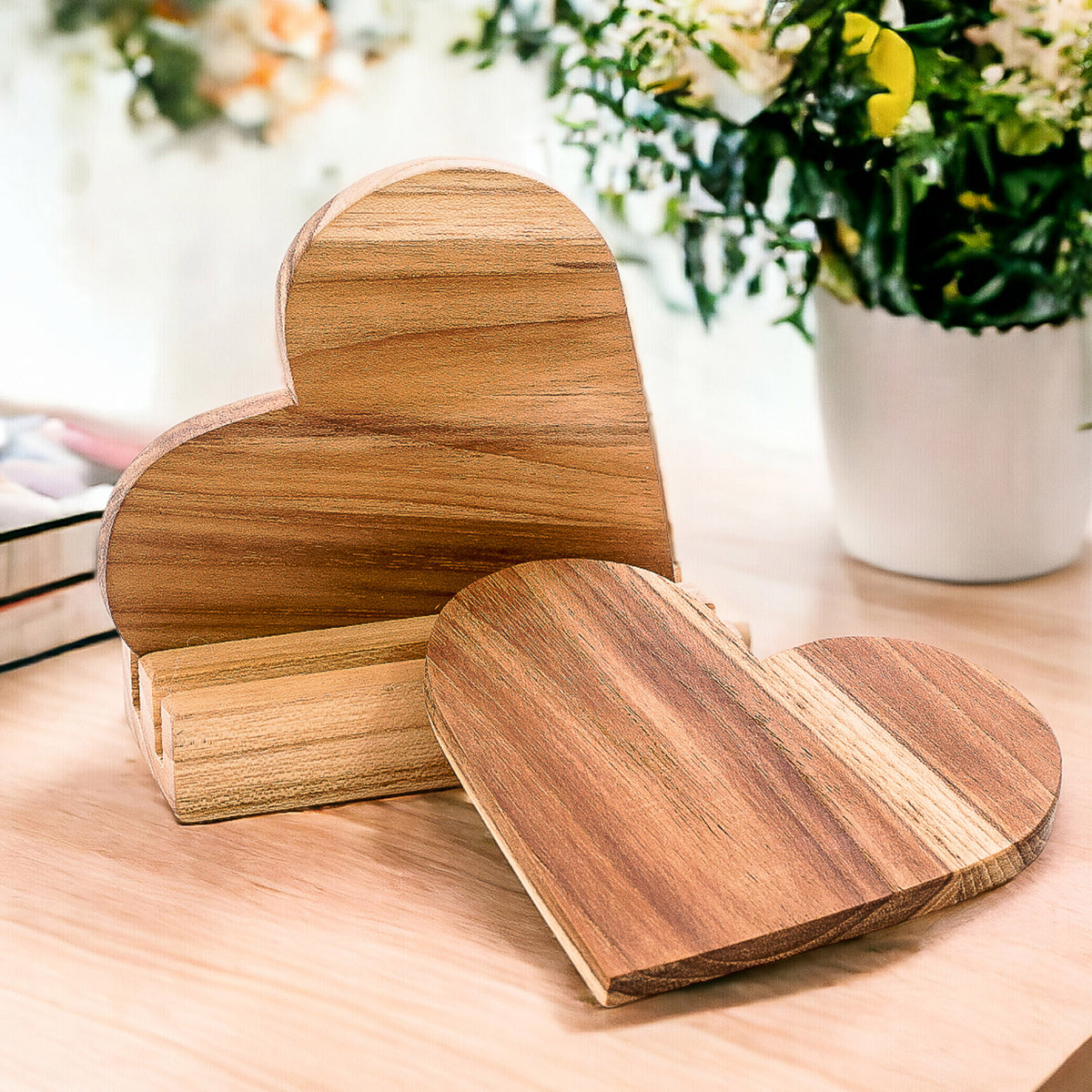 Love Elixir - a 3-Piece Set of Heart-Shaped Teak Wood Coasters with Base