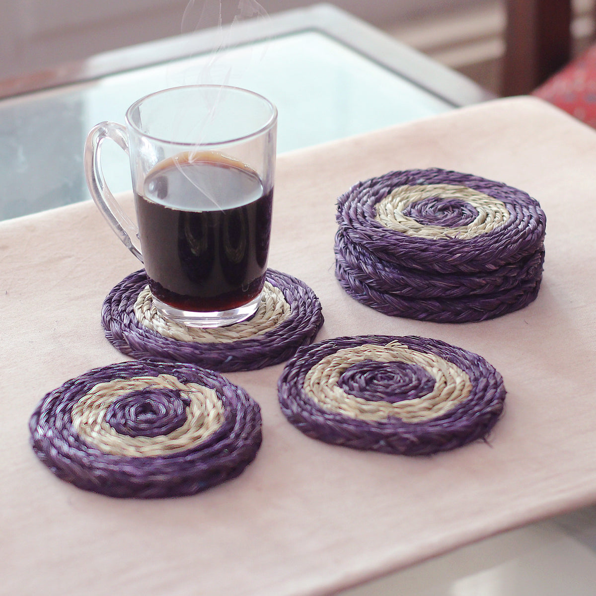 Wine Aura - a Set of Six Handwoven Round Purple Natural Fiber Coasters