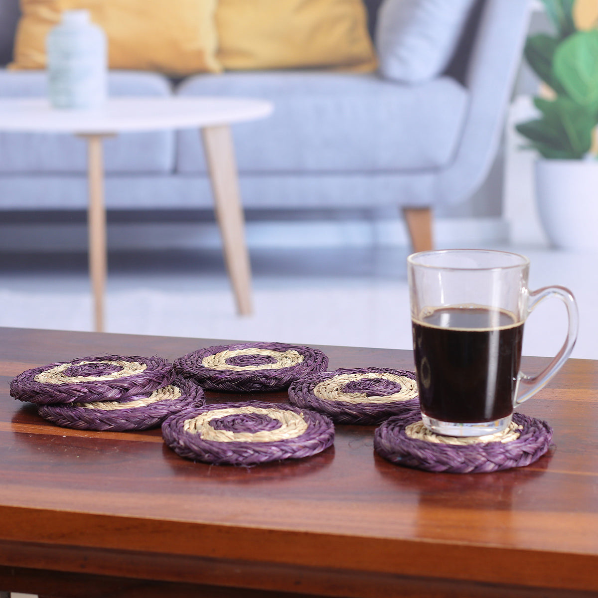 Wine Aura - a Set of Six Handwoven Round Purple Natural Fiber Coasters