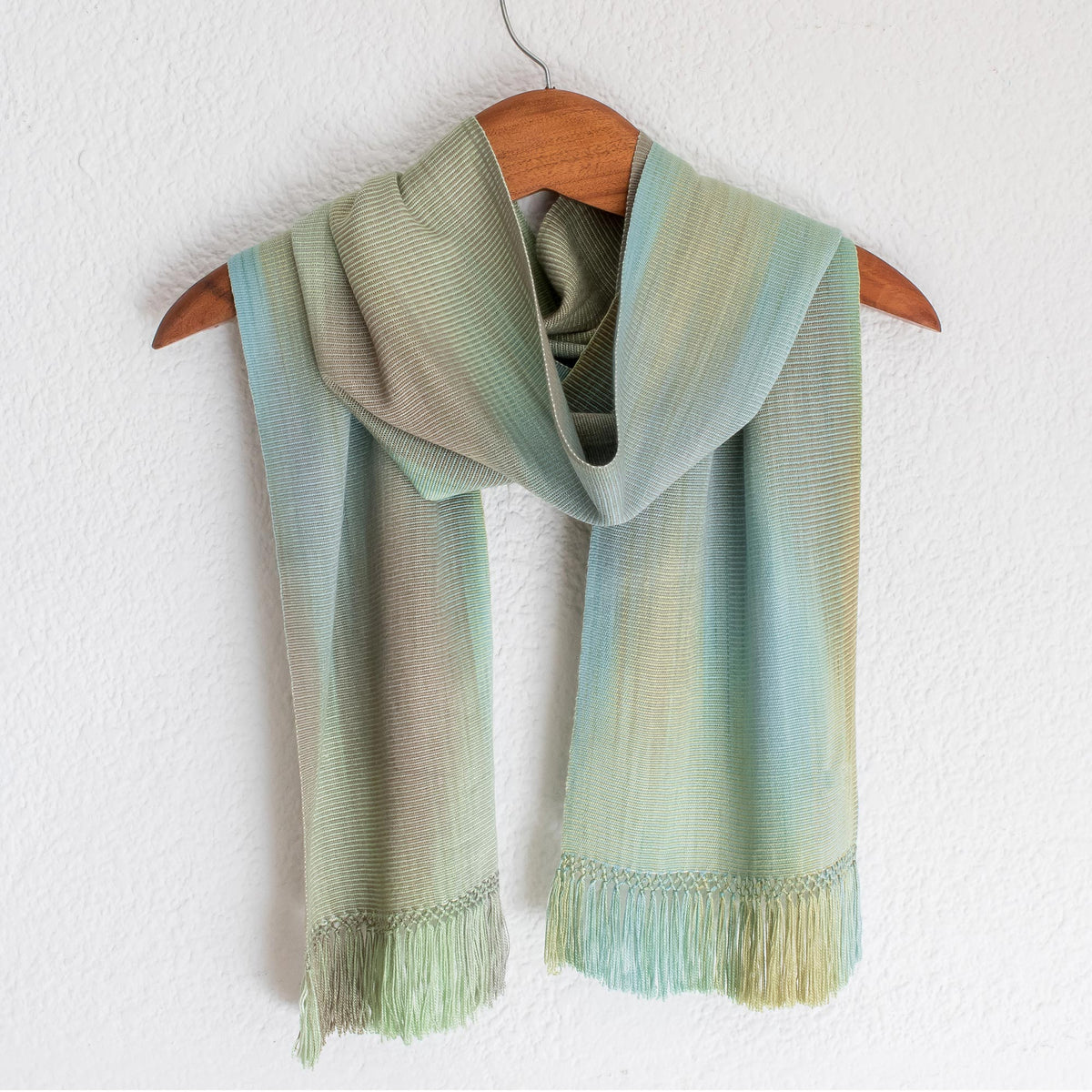 Hand Woven Pastel Blue Green Rayon Scarf - Iridescent Mint Pastel