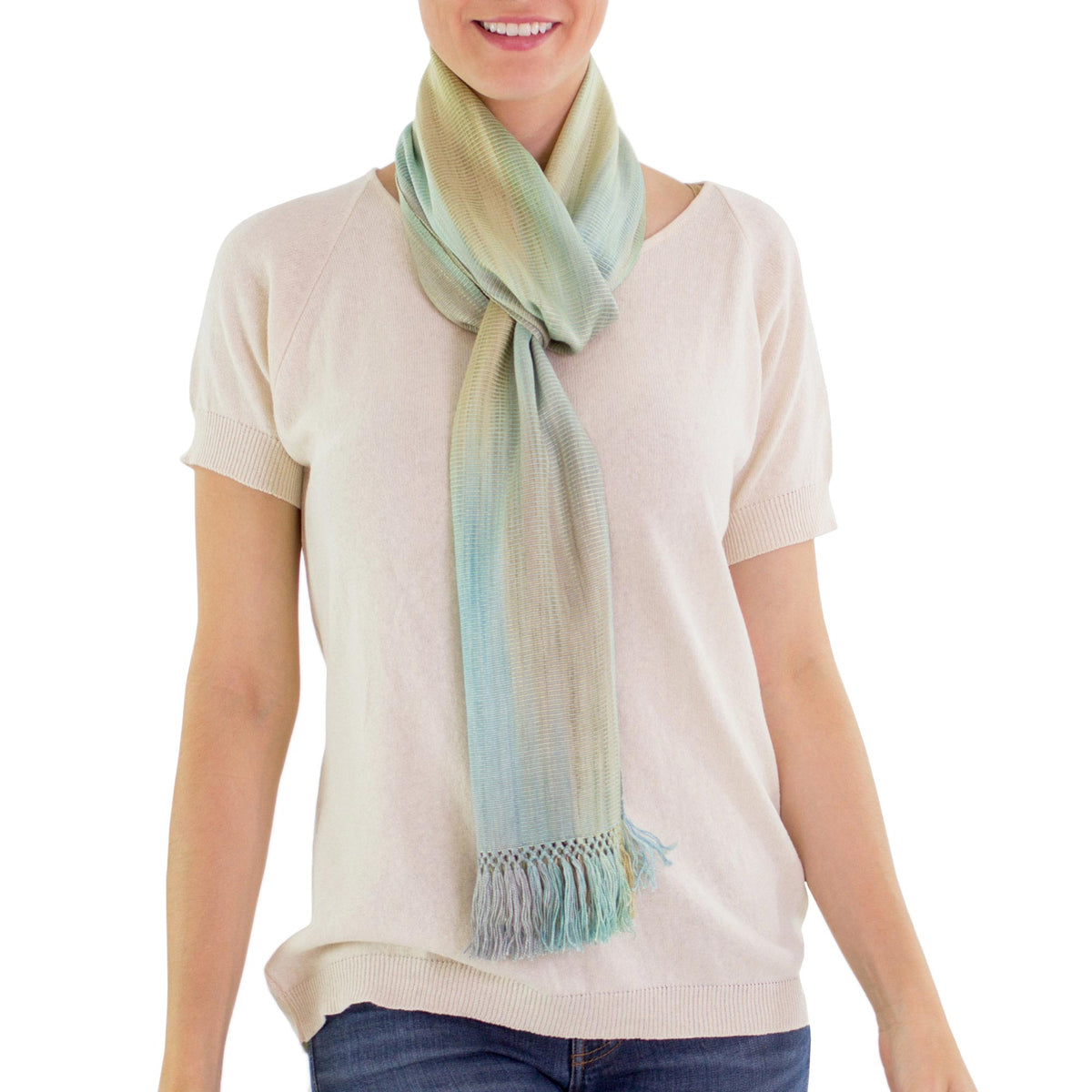 Hand Woven Pastel Blue Green Rayon Scarf - Iridescent Mint Pastel