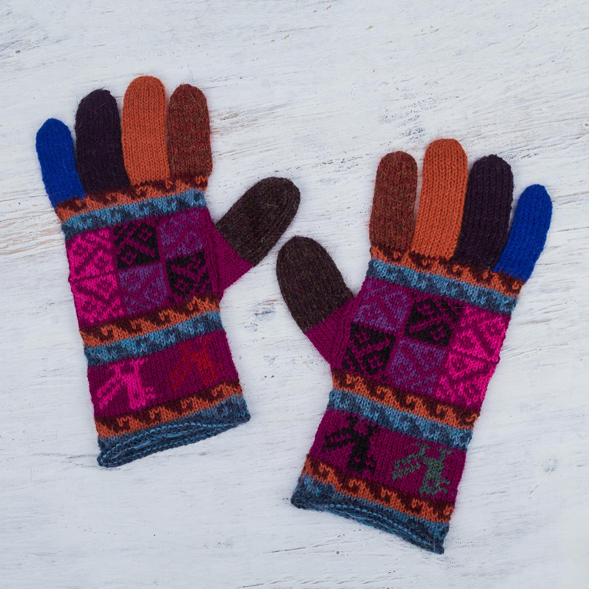 Peruvian Patchwork In Magenta 100% Alpaca Gloves