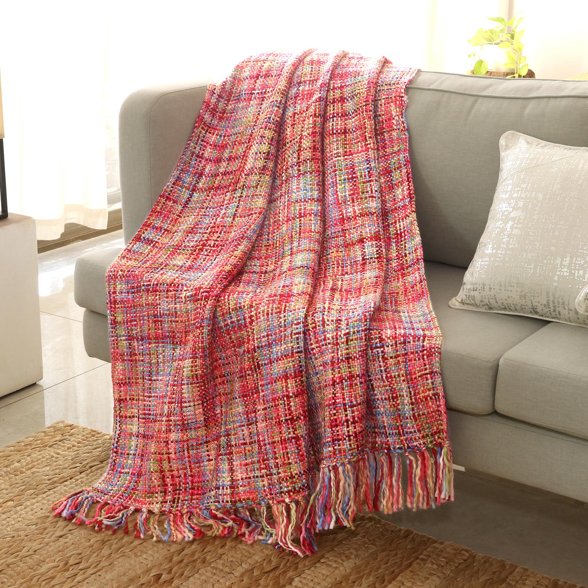A Handmade Multicolored Throw Blanket with Fringe