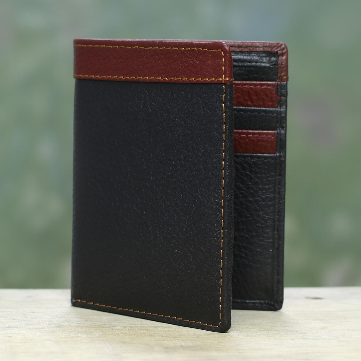 Compact Black and Mahogany Leather Wallet