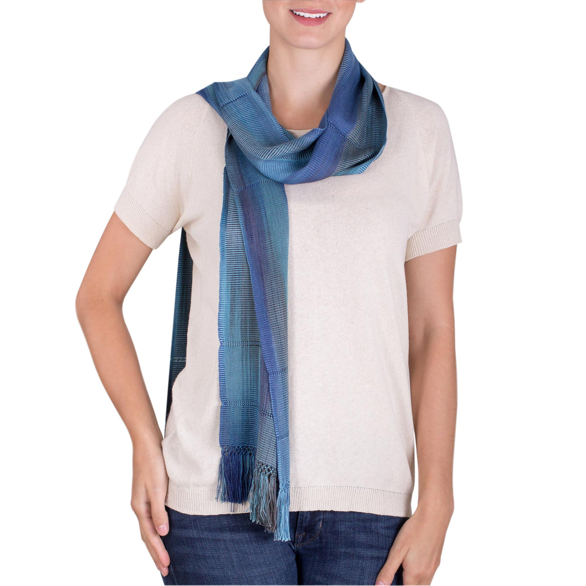 Handwoven Rayon Wrap Scarf - Smooth Breeze in Blue