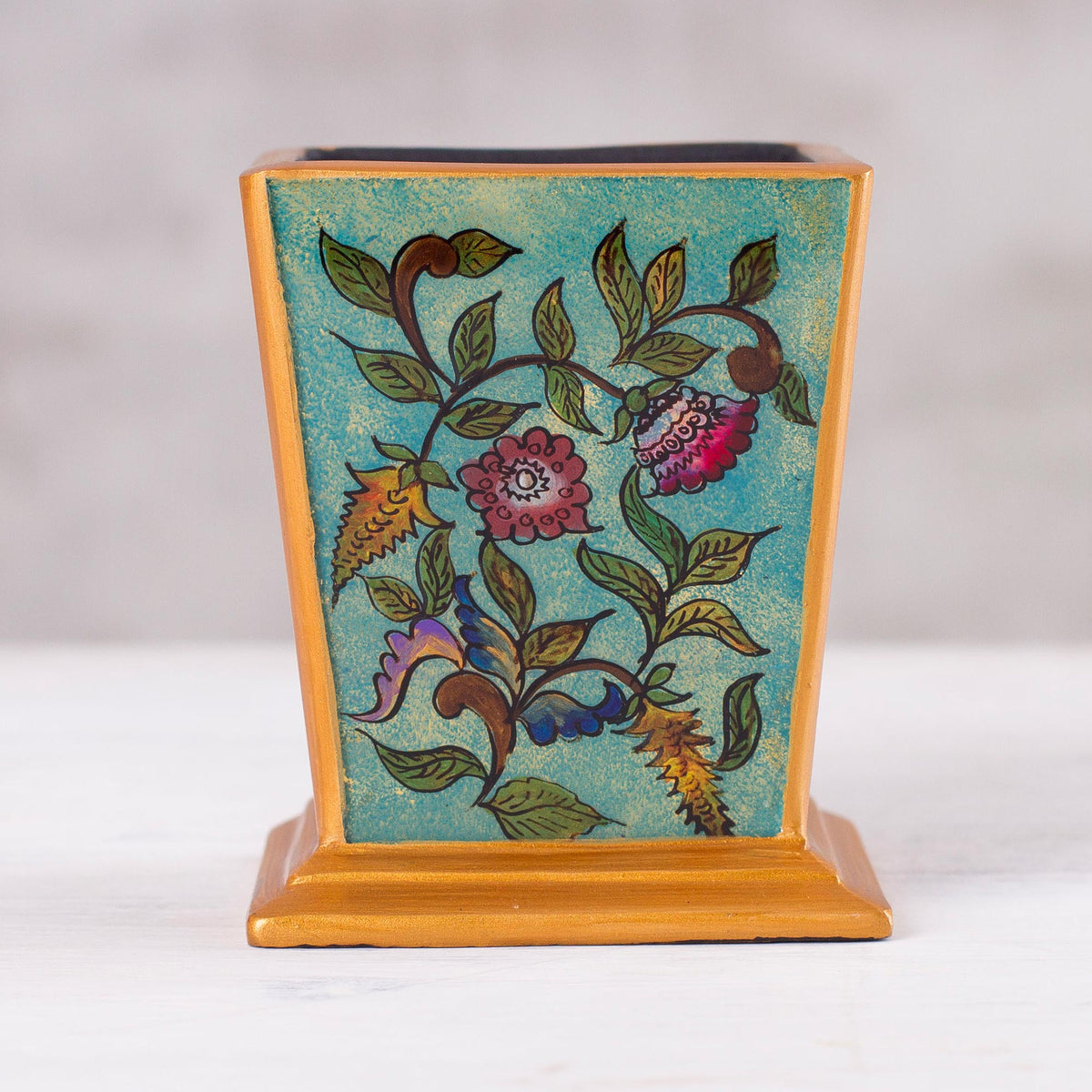 Flowering Companion Reverse-Painted Glass Pencil Holder