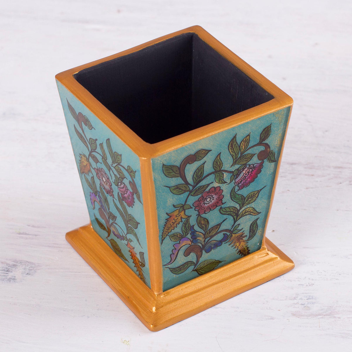 Flowering Companion Reverse-Painted Glass Pencil Holder