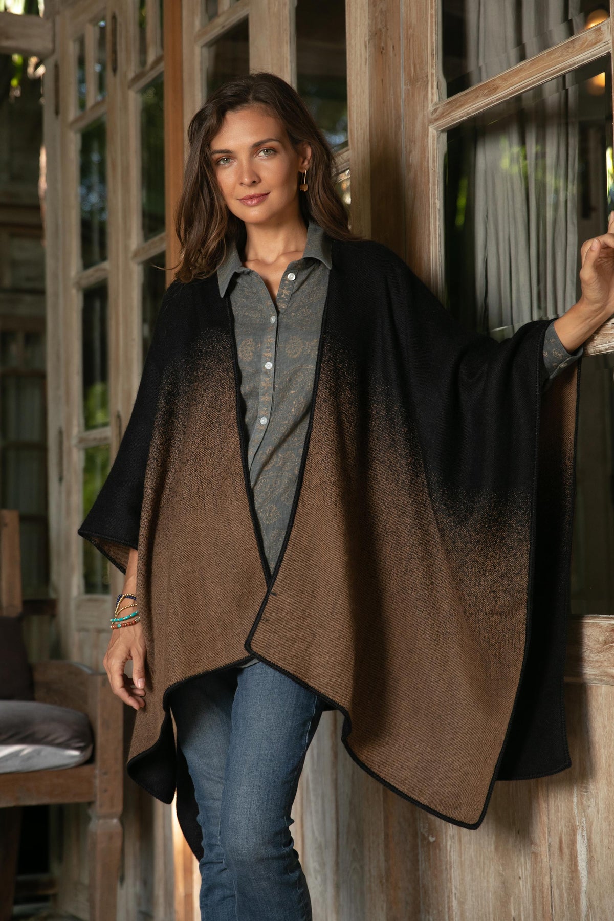 Andean Vistas In Chestnut Brown Reversible Alpaca Blend Ruana