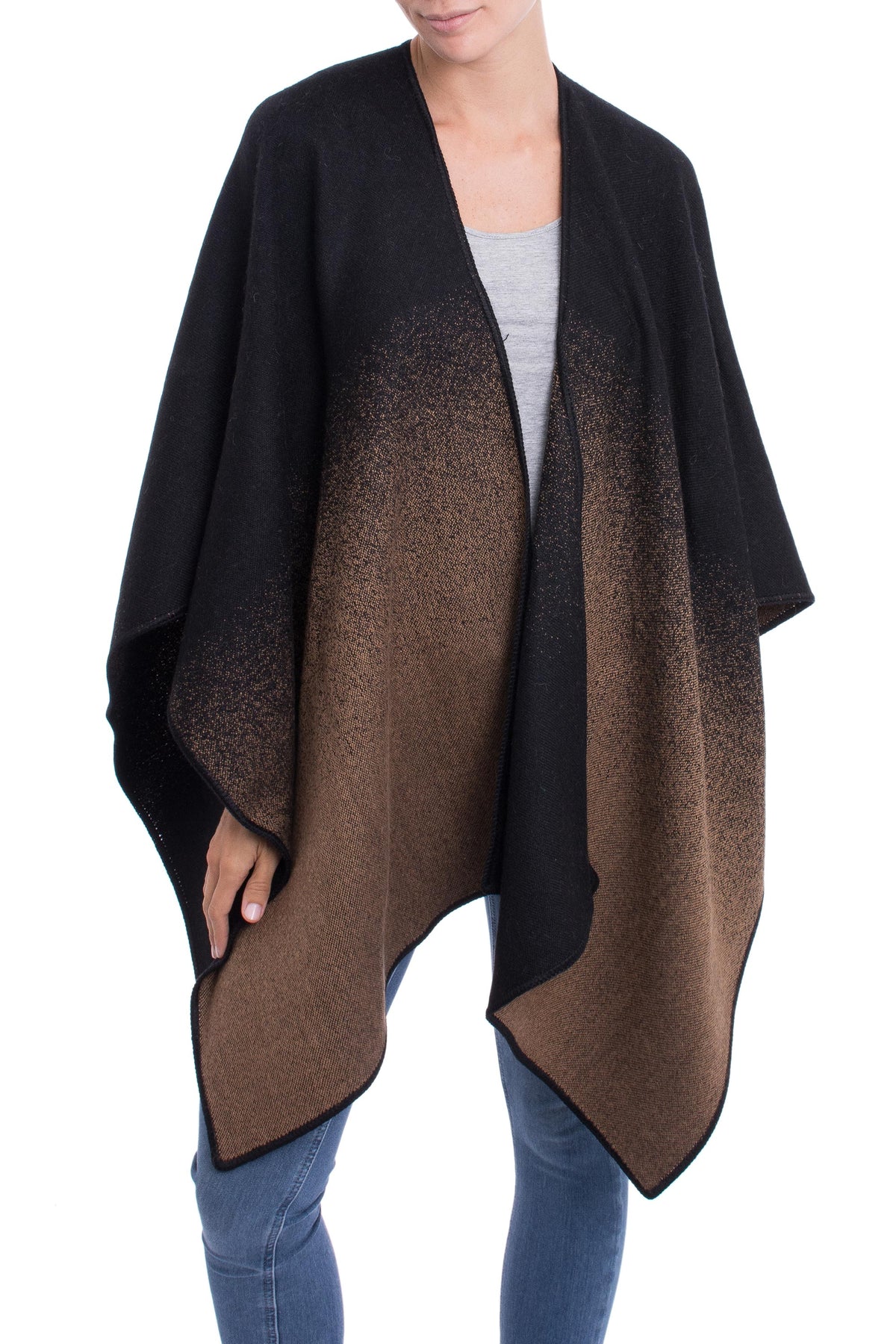 Andean Vistas In Chestnut Brown Reversible Alpaca Blend Ruana