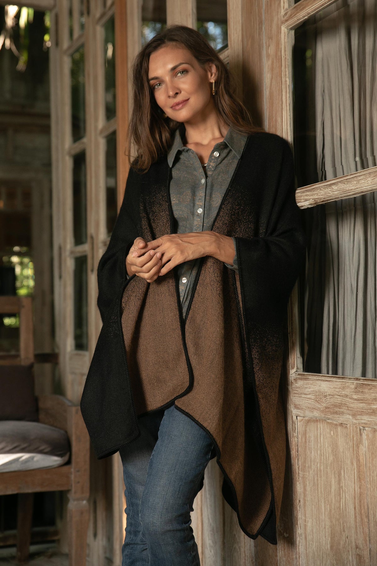 Andean Vistas In Chestnut Brown Reversible Alpaca Blend Ruana