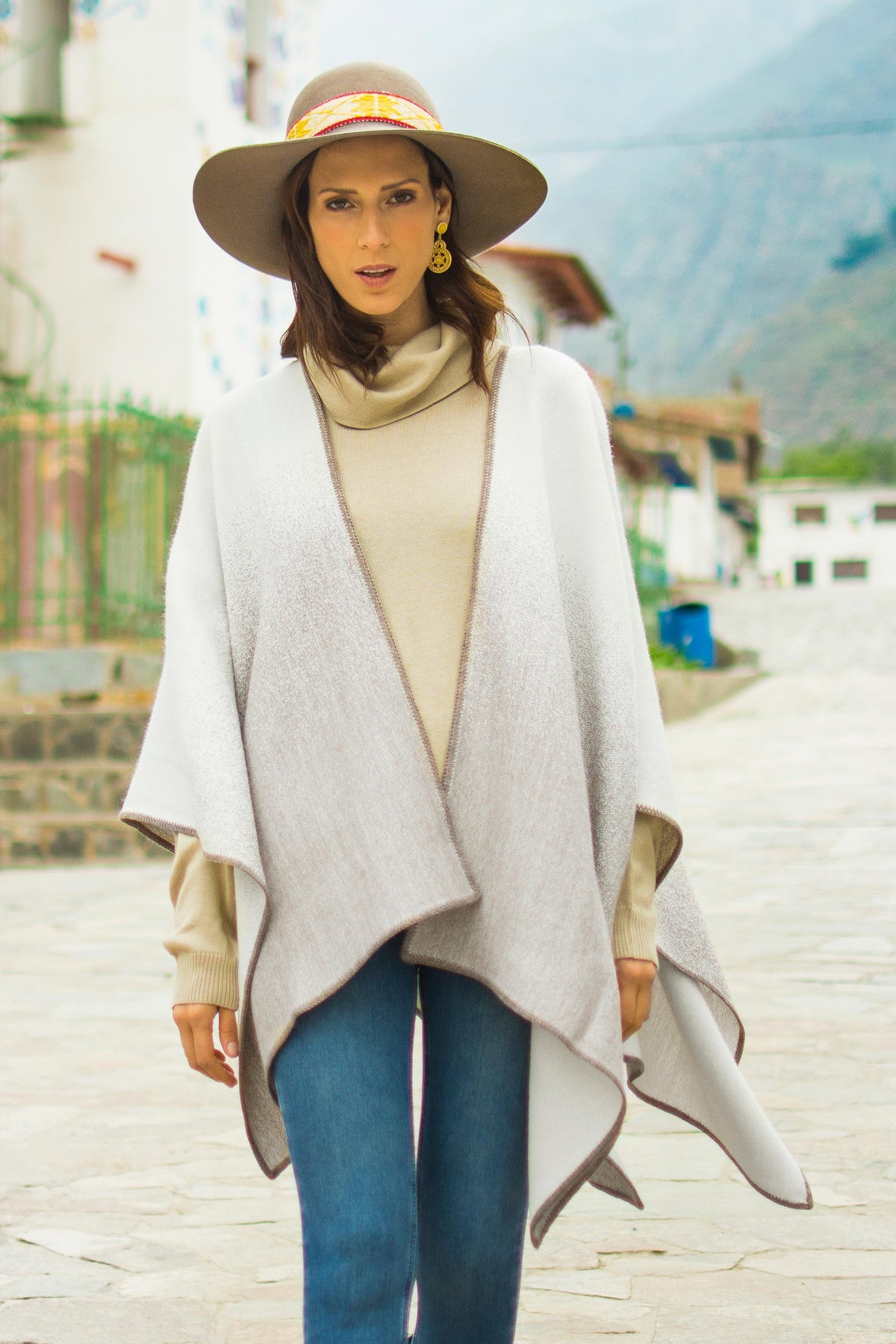 Andean Vistas In Taupe Reversible Alpaca Blend Ruana