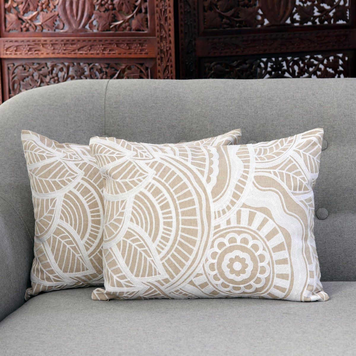 Mandala Pattern Embroidered Cotton Cushion Covers (Pair)