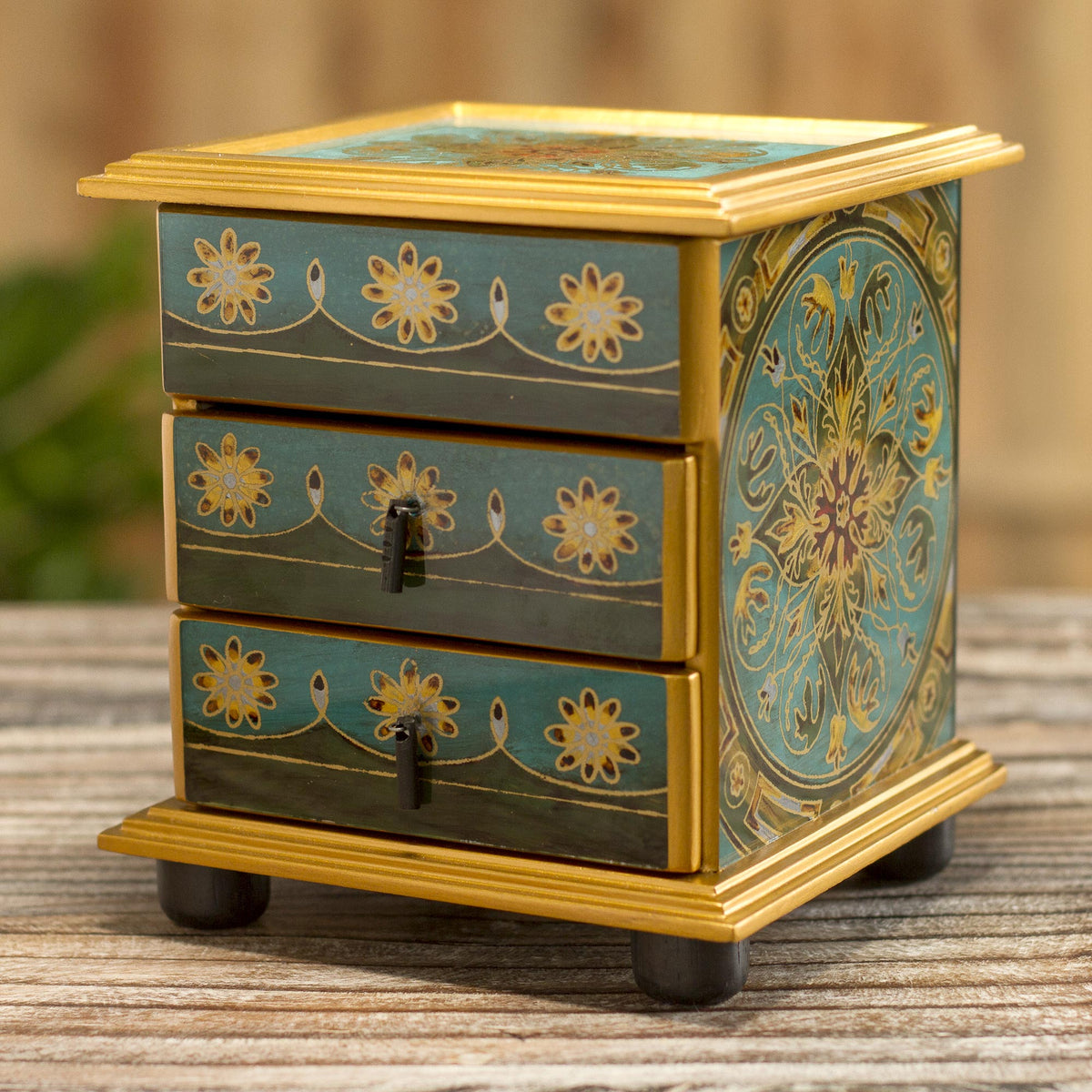 Vintage Floral In Turquoise Small Reverse-Painted Glass Jewelry Chest