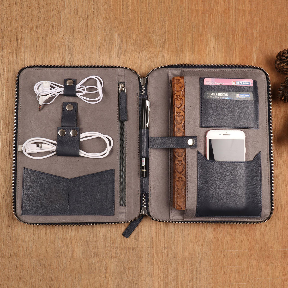 Compact Handcrafted Navy Blue Leather Traveling Office Case