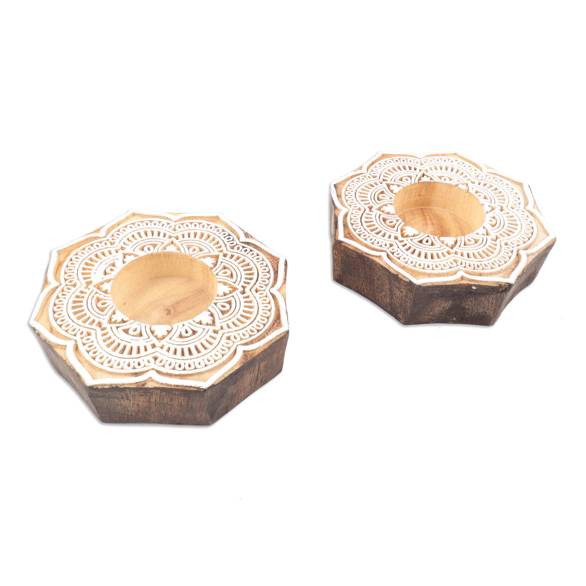 Tealight Candle Holders with Floral Motif (Pair) - Lotus Mandala