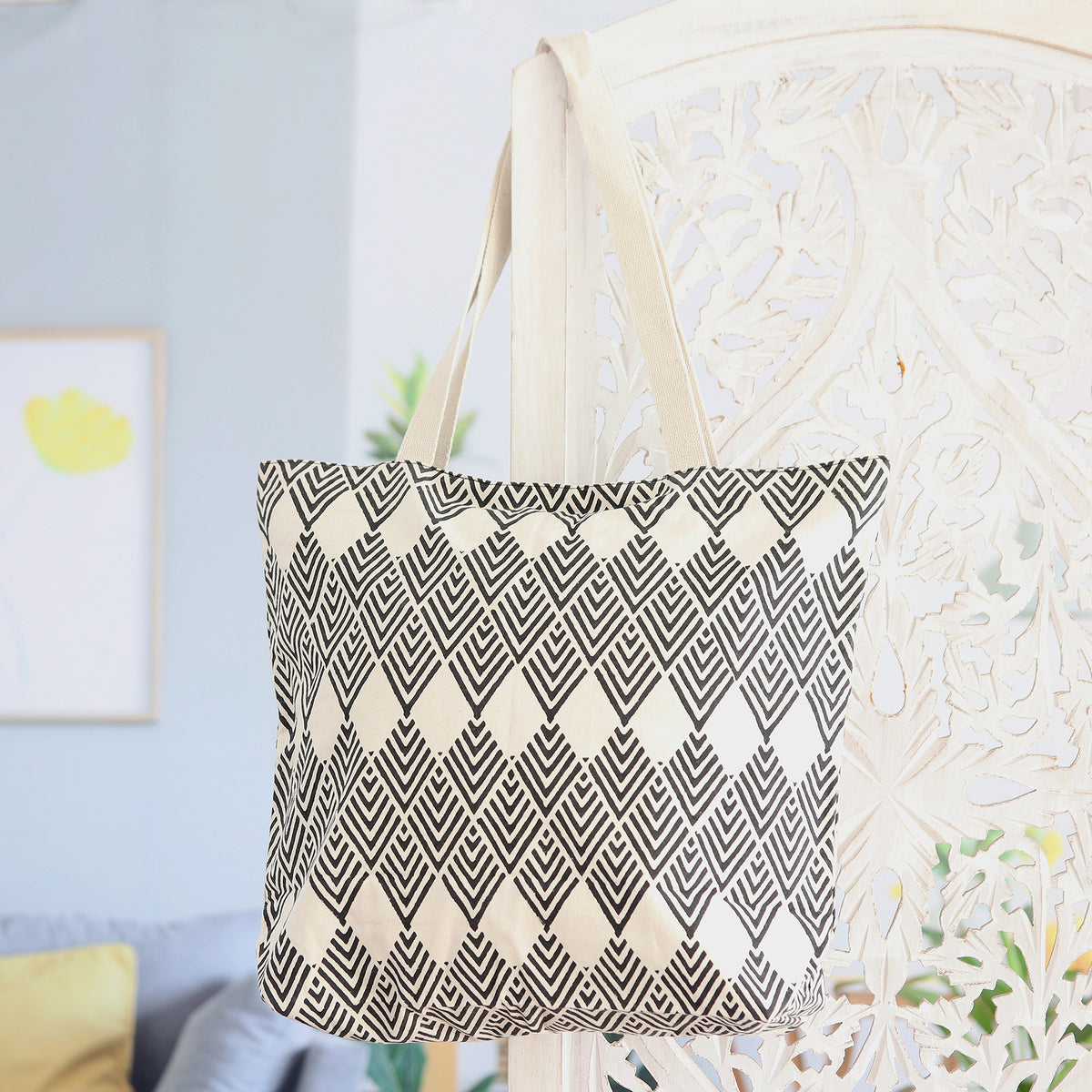 Cotton Tote Bag with Block-Printed Black Diamonds