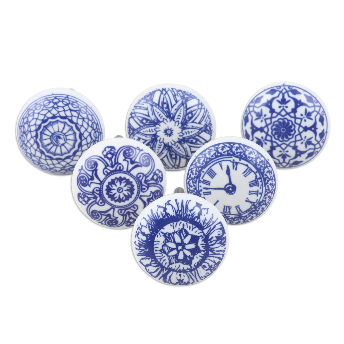 Set of 6 Blue Ceramic Knobs with Unique Patterns - Blue Imagination