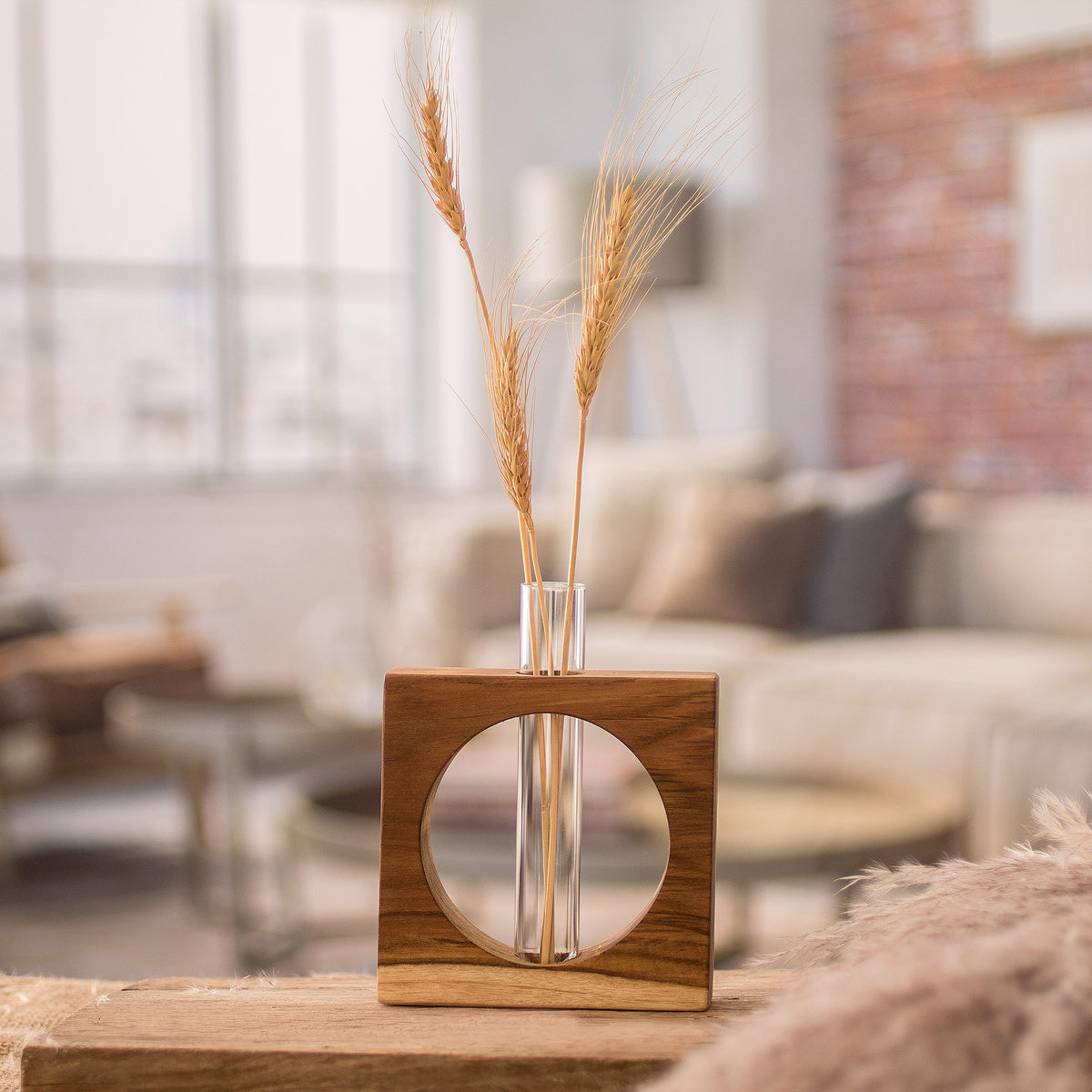Watertight Teak Wood Stand with Glass Tube Vase - Home Elegance